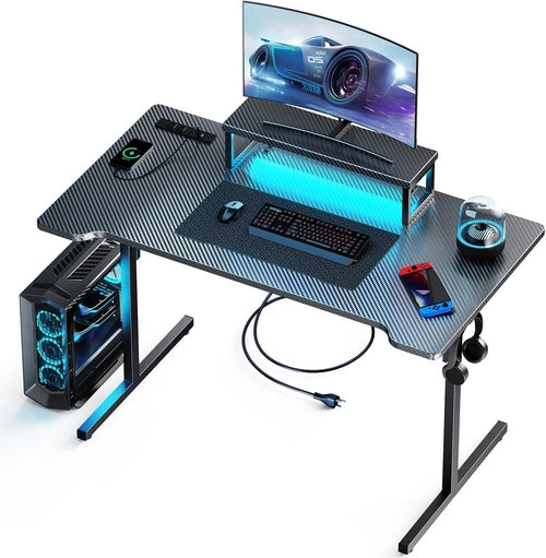 Small Gaming Desk with LED Lights & Power Outlets, 55 Inch Computer